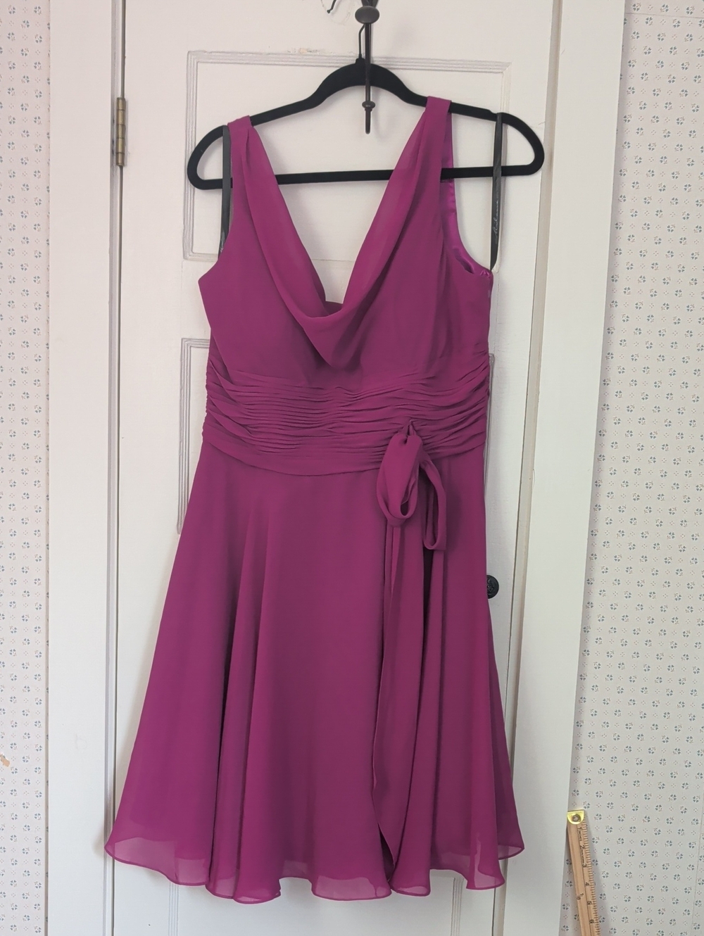 Milano Formals Dress 16 Magenta Fuschia Cowl Neck A-Line Belt Bow Lined Swing